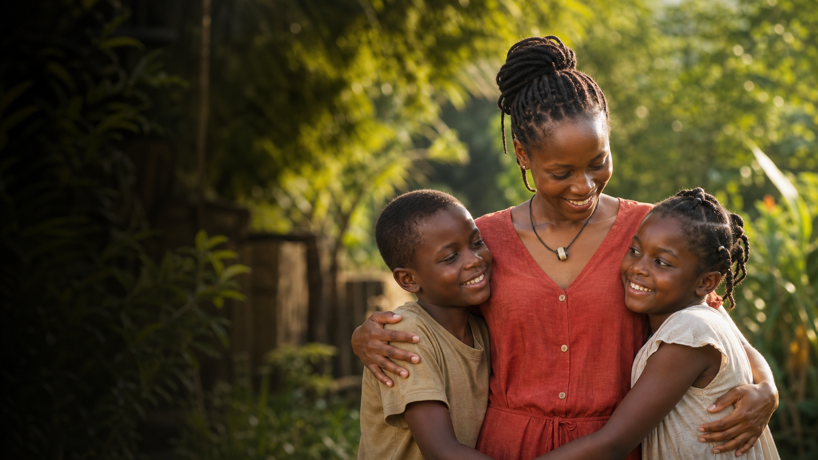 Une mentore entourée d’enfants dans un jardin communautaire